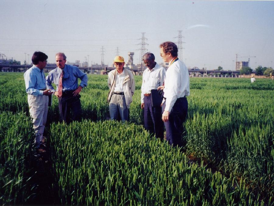 图1 何中虎(左一)介绍引进资源应用情况 图1 何中虎(左一)介绍引进资源应用情况